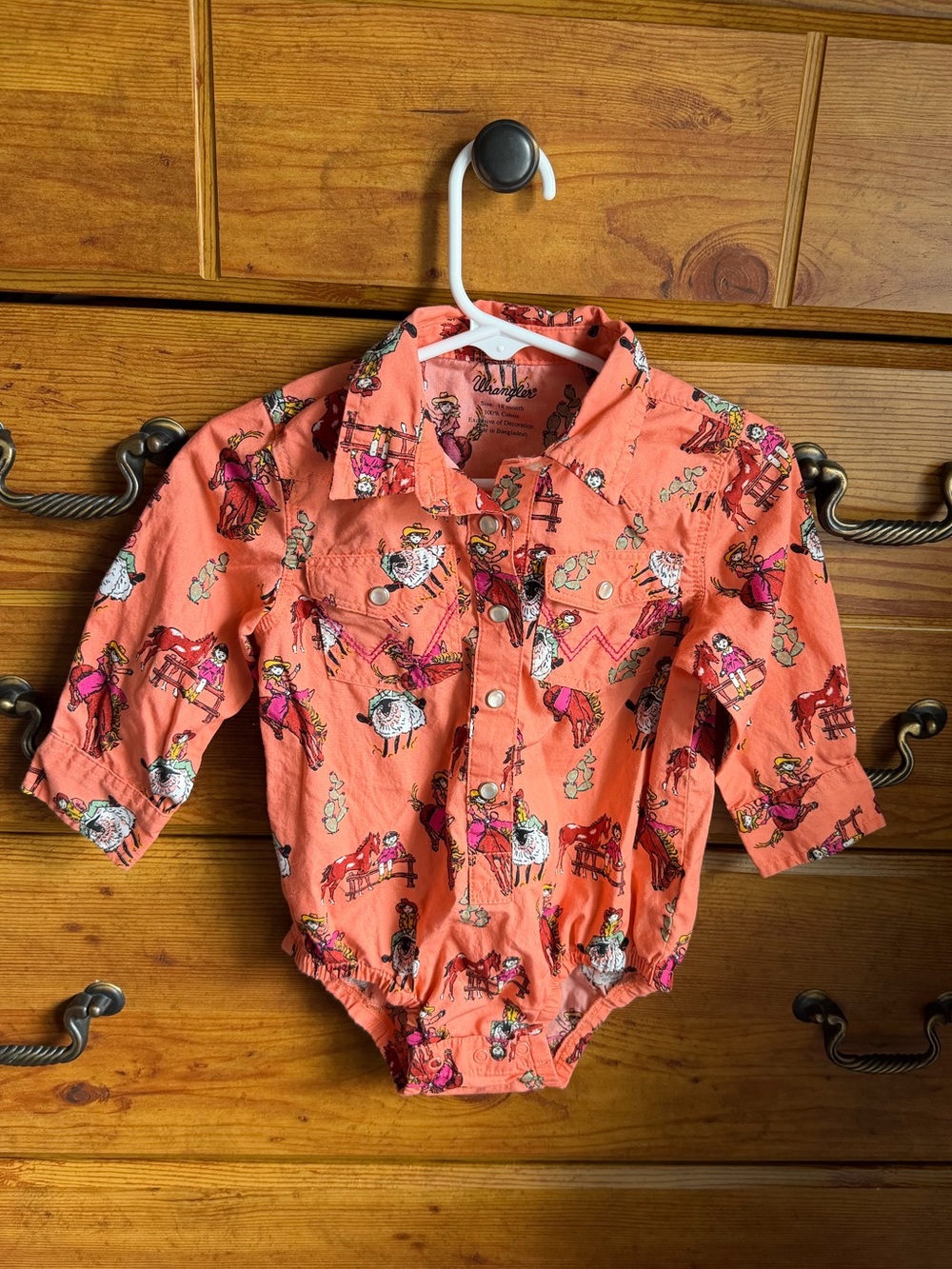 WRANGLER INFANT GIRLS' CONVERSATION PRINT LONG SLEEVE PEARL SNAP ONESIE 18M